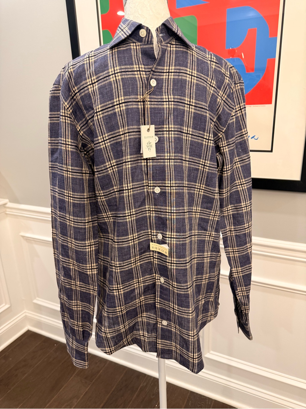 Eleventy Platinum Blue Plaid Linen Cotton Button Down Shirt Medium Italy Luxury